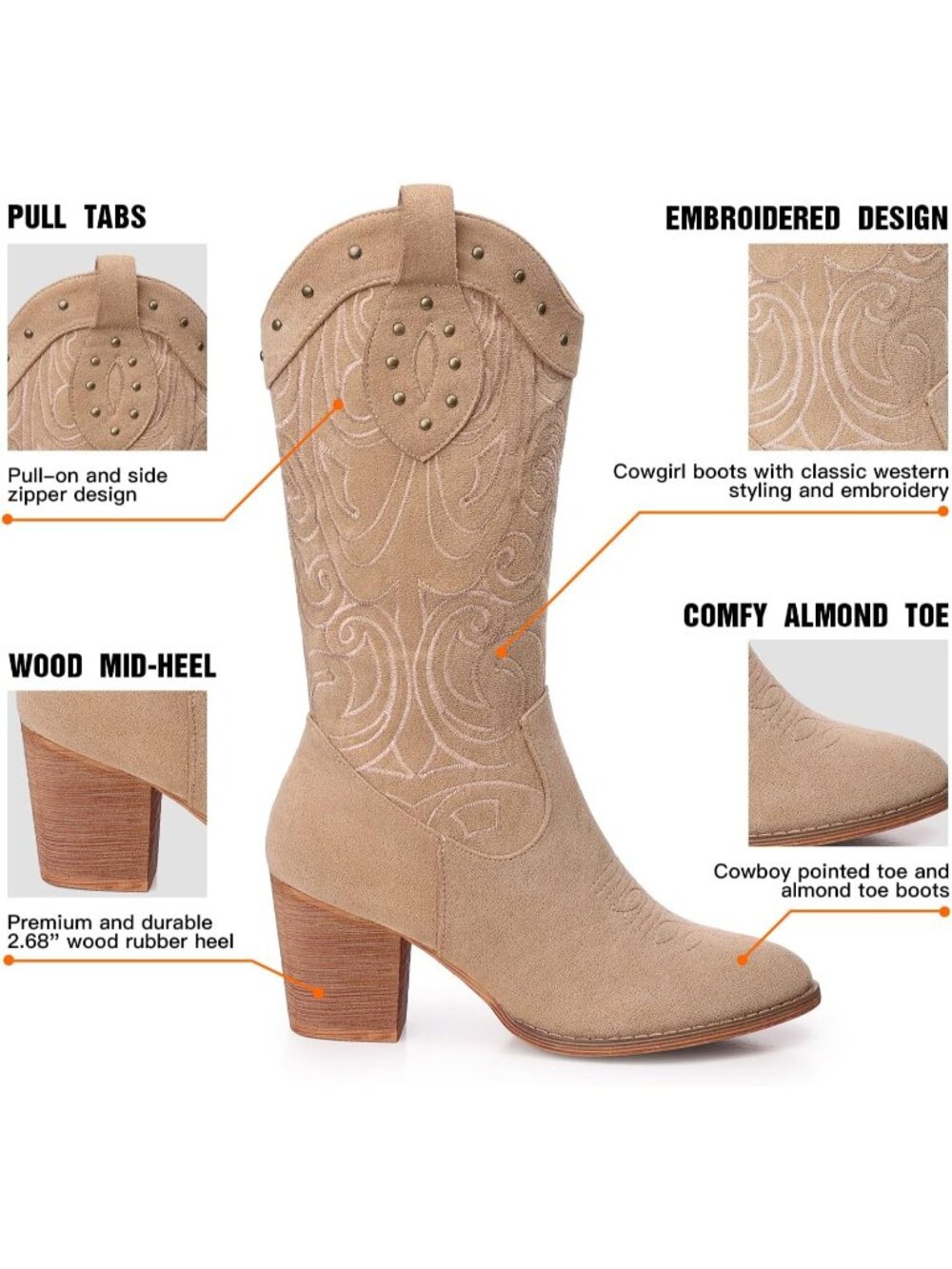 Women's Apricot Cowgirl Boots Pointed Toe Chunky Heel Suede Embroidered Boots - Picture 4 of 6